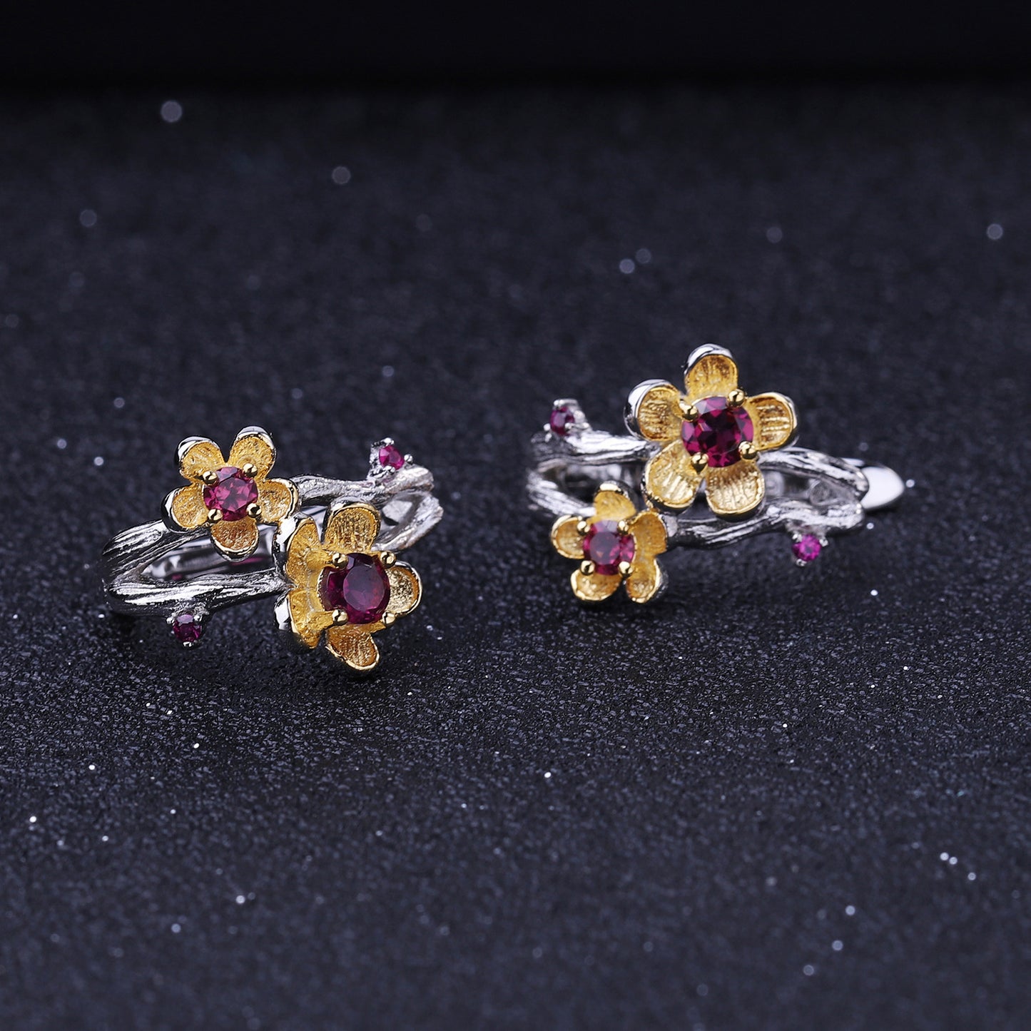 Italian Craft Designer Gemstone Earrings Natural Style Flowers925Silver Natural Rose Garnet Stud Earrings