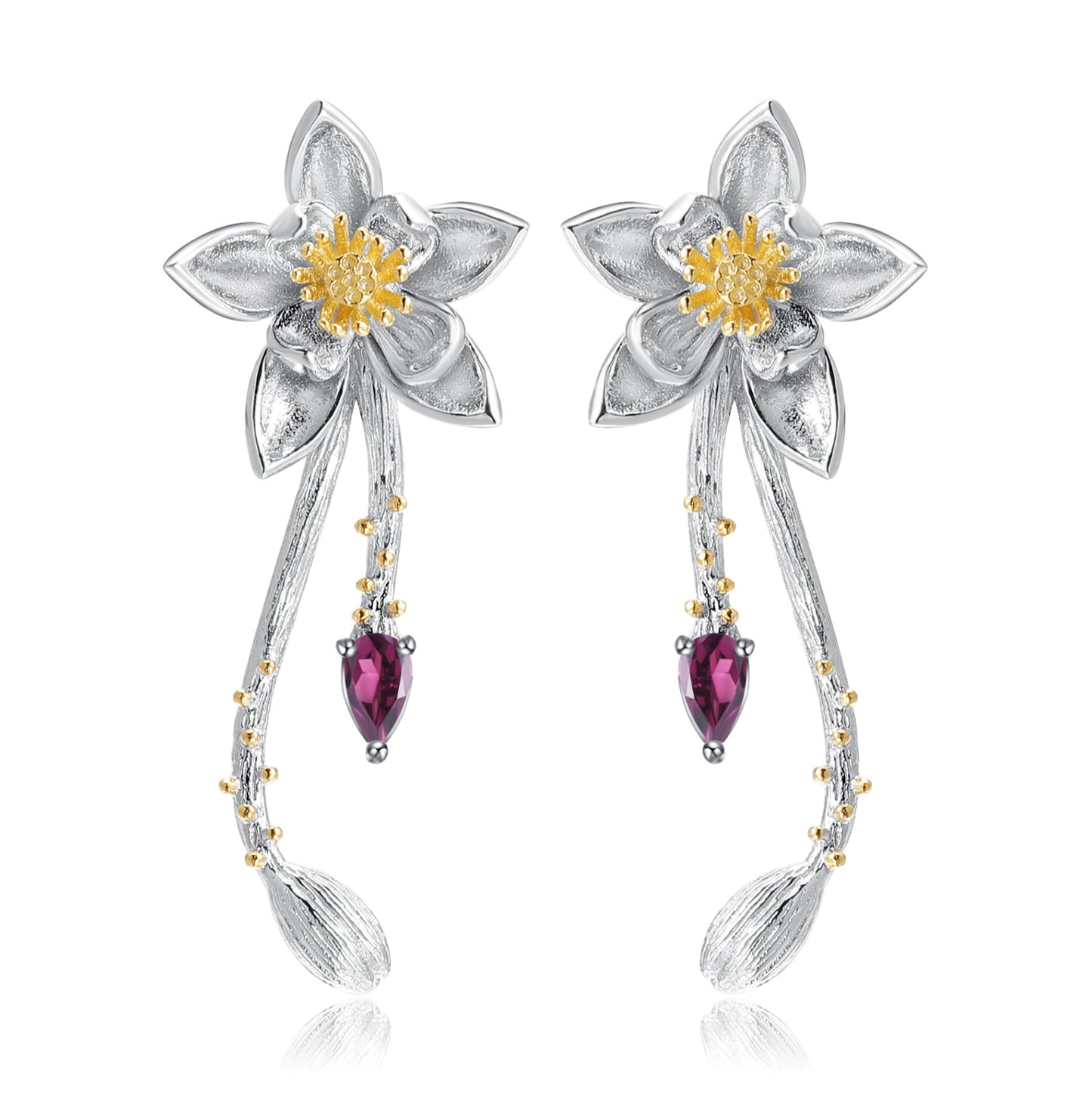 Designer High-End Gemstone Earrings Natural Style Floral Design925Silver Natural Rose Garnet Earrings