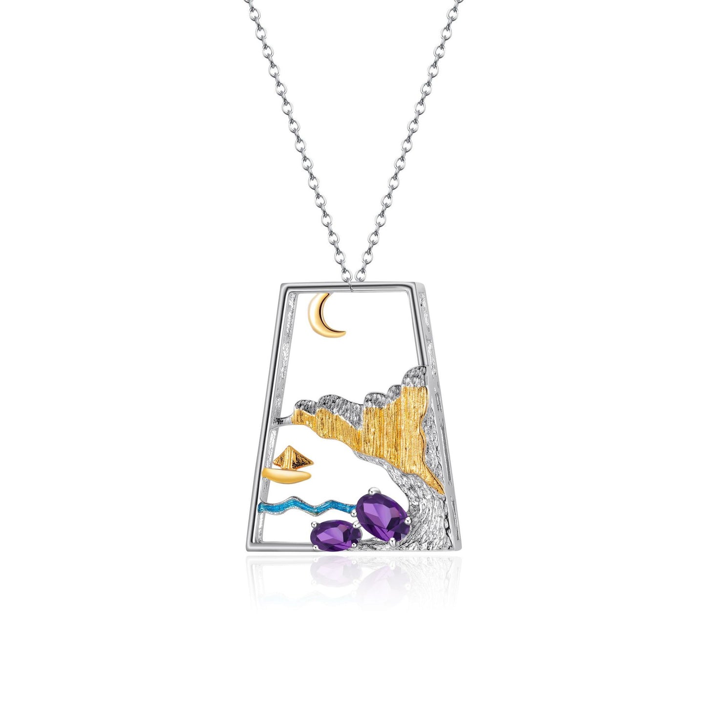 Moonlight Sparkling Full Painting Boat High Aesthetic ins Wind Pendant S925Sterling Silver Natural Gemstone Original Design Necklace