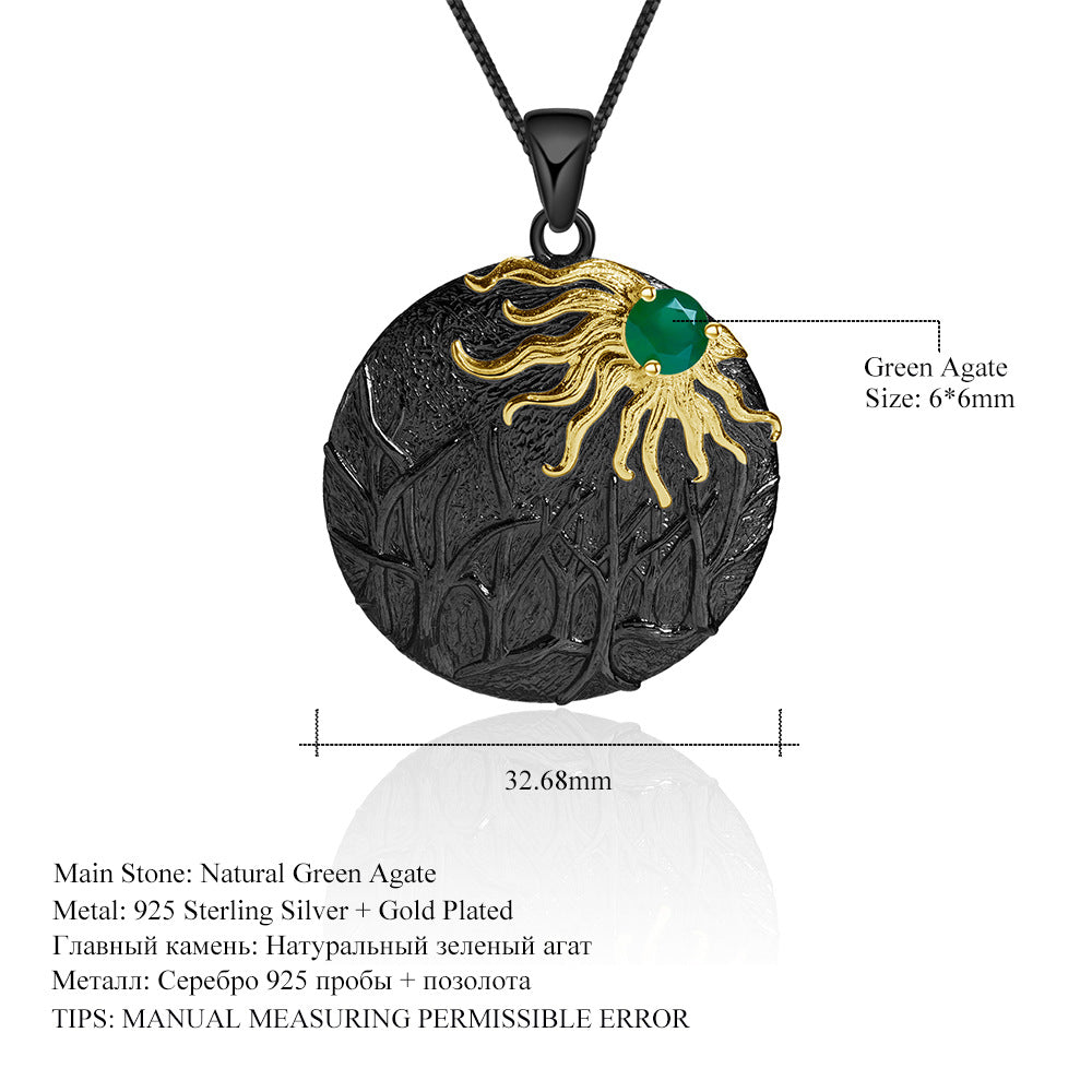 Designer Vintage Style Pendant Shan Hai Jing Kuafu Chasing the Sun Design s925Silver Natural Gemstone Necklace Pendant