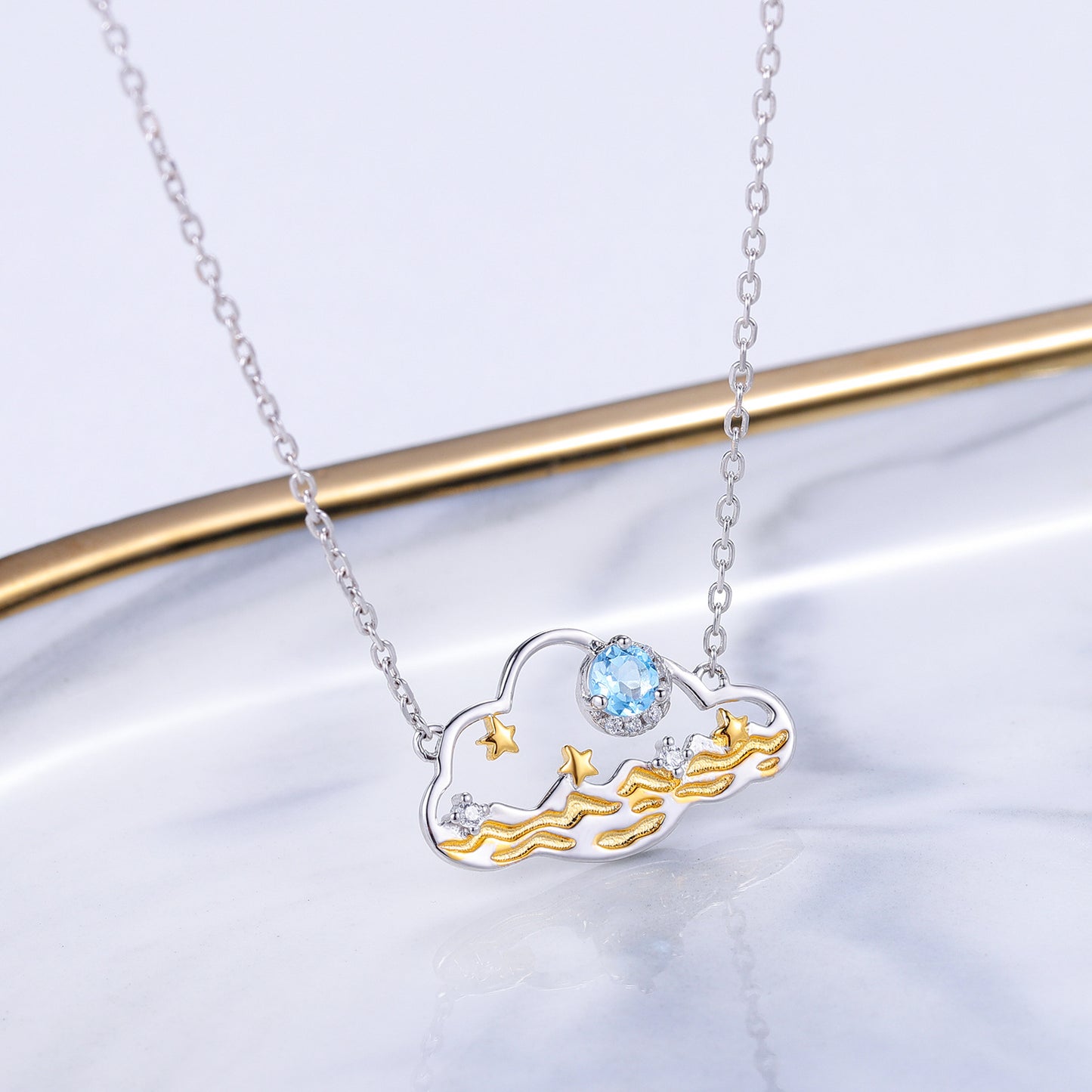 Cloud and Sea Pendant Topaz Opal Necklace for Women Simple Fairy Designer Style S925Sterling Silver Jewelry