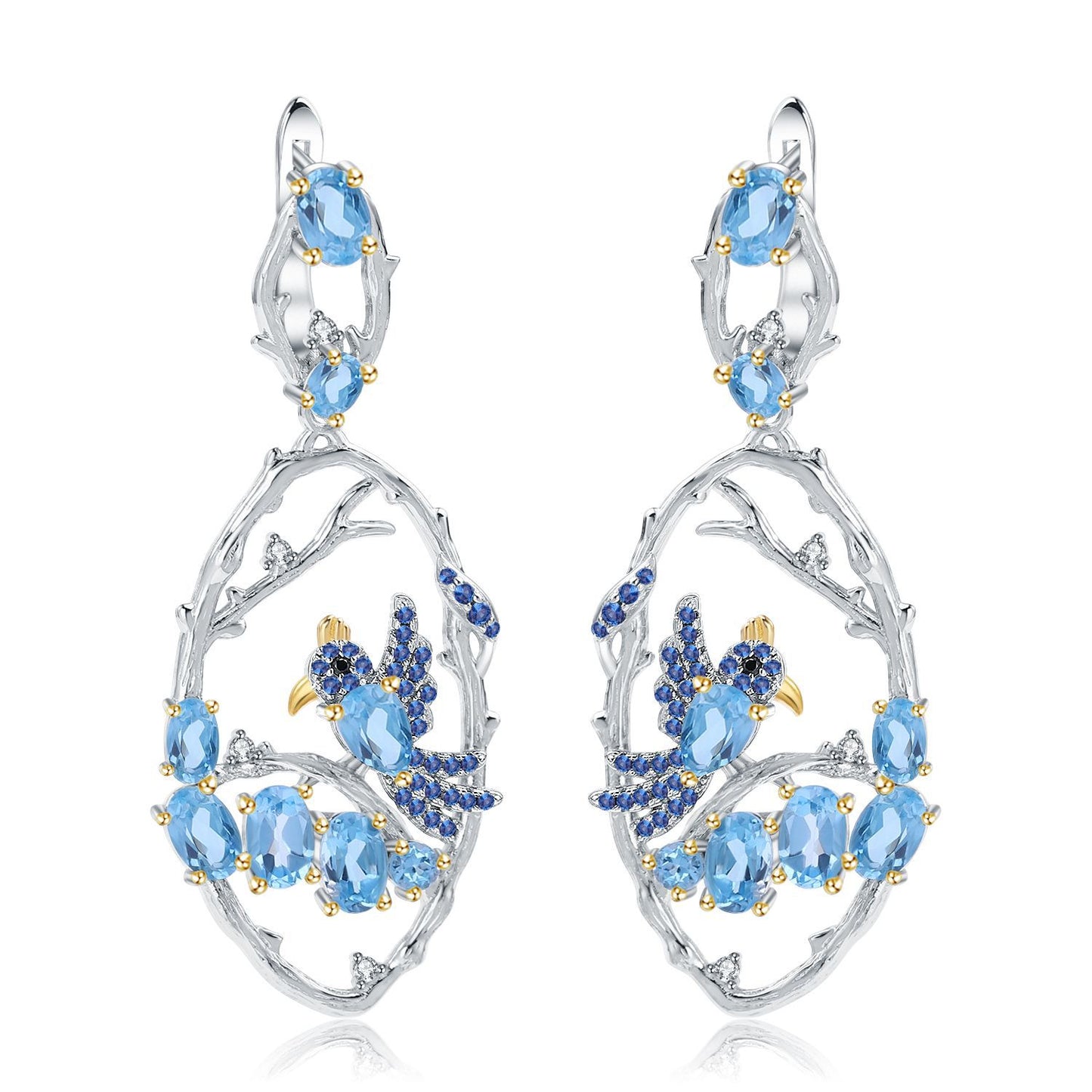 Secret Garden Designer Earrings Birds in the Bush Design Chinese Style925Silver Natural Gemstone Earrings