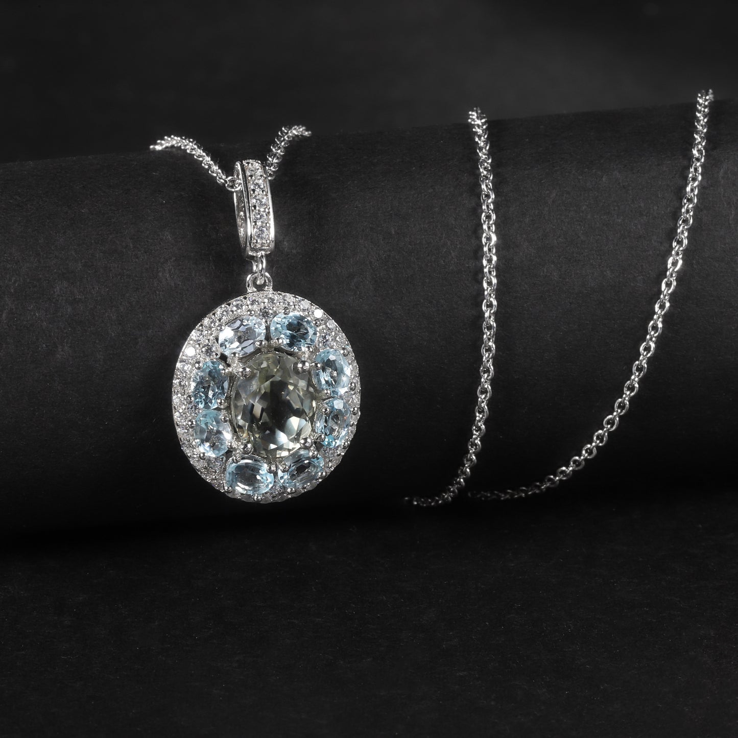 Luxurious High-End Natural Gemstone Necklace Pendant s925Sterling Silver Inlaid Natural Topaz Green Amethyst Pendant