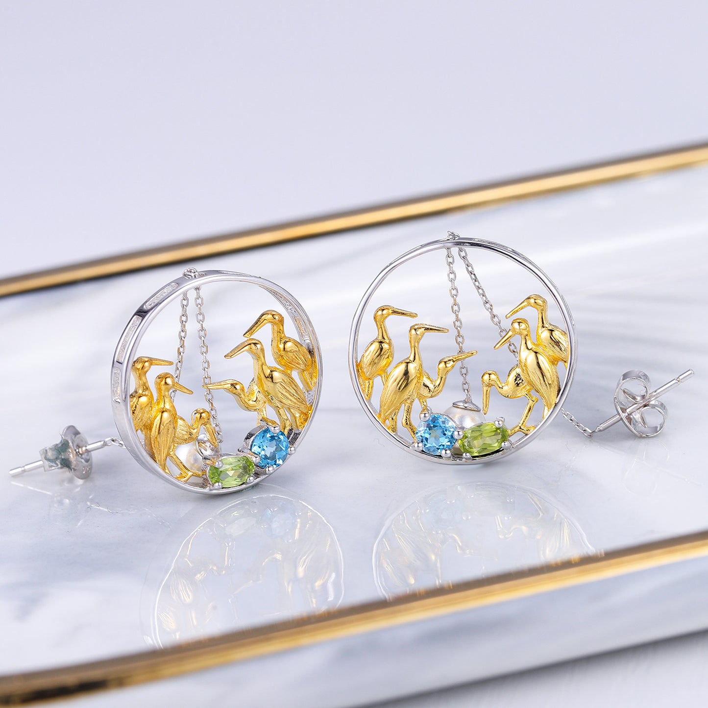 Freshwater Pearl Natural Topaz Peridot Earrings Crane's Love925Silver Earrings Chinese Style Round Earrings