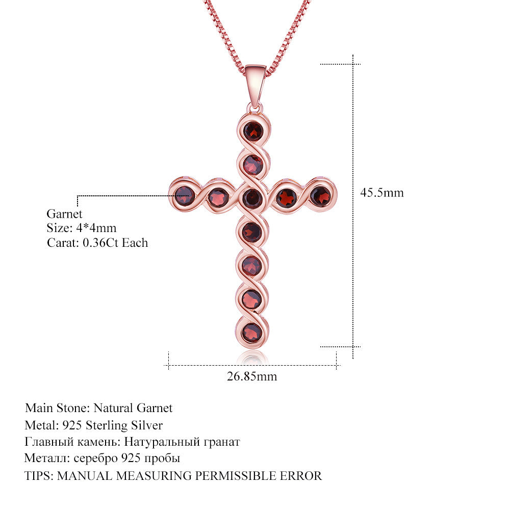 Design Sense Natural Gemstone Pure Silver Necklace Trendy Inlaid Garnet925Silver Necklace Cross Pendant