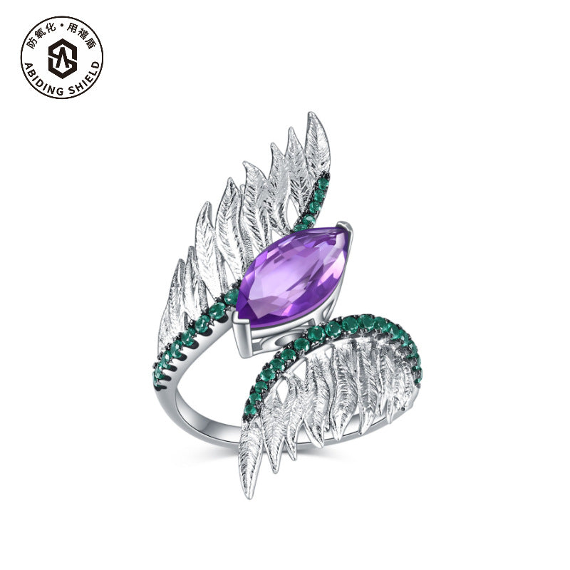 Designer Vintage Style Angel Wings Ring Italy s925Silver Inlaid Natural Gemstone Amethyst Ring