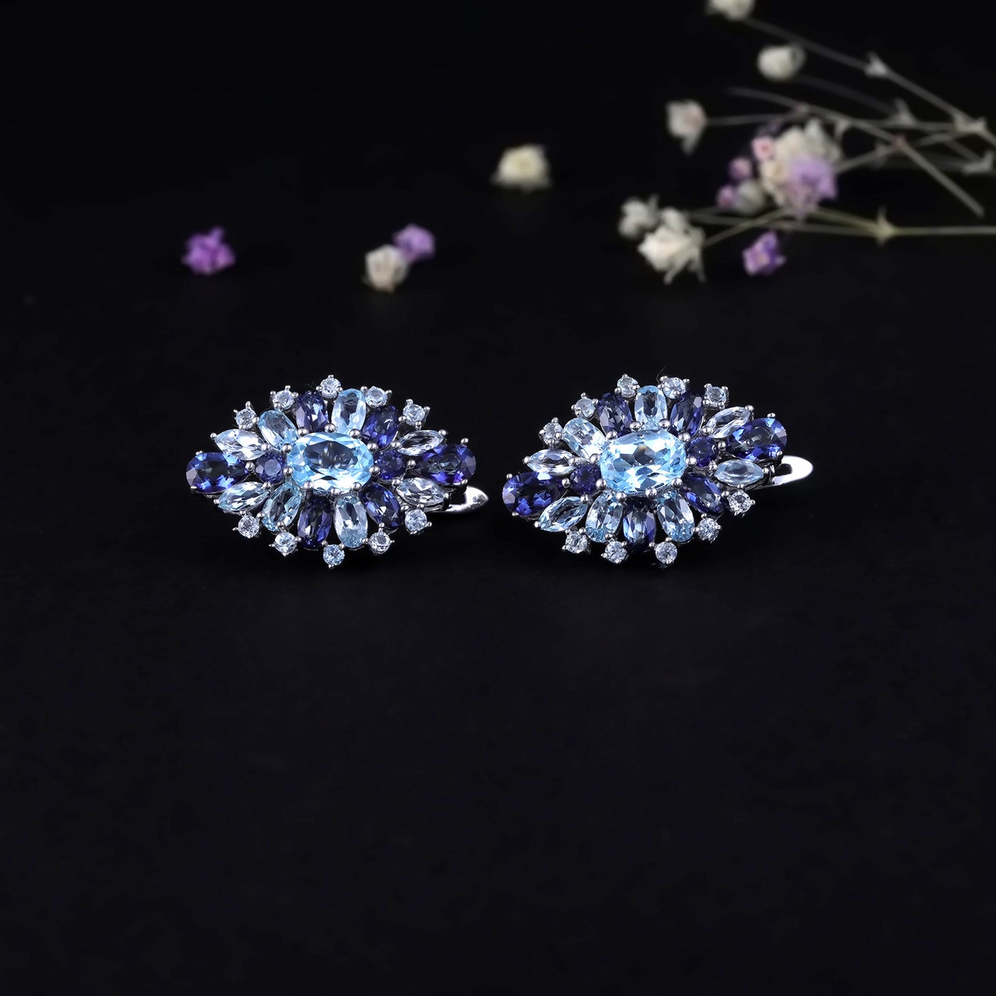 Russian Luxurious Natural Gemstone Earrings Cluster Setting High-end Feel s925Sterling Silver Natural Topaz Earrings Designer