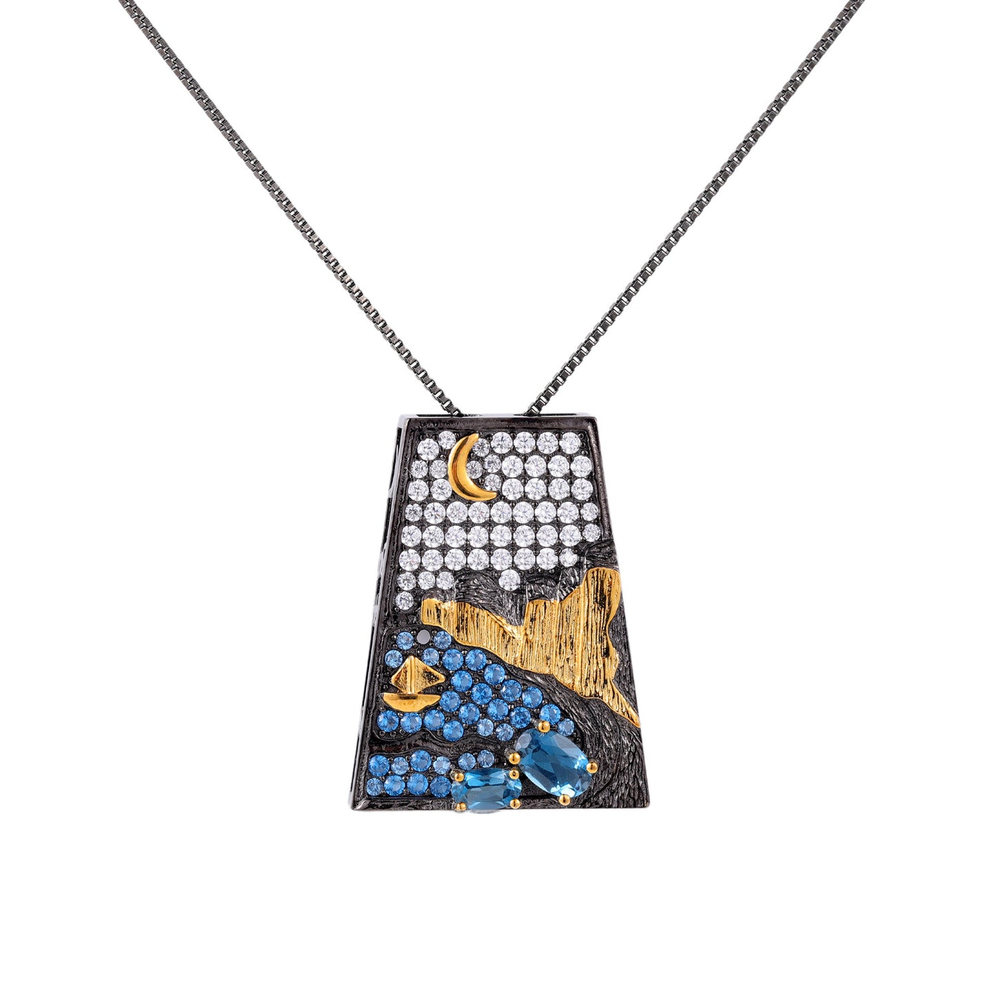 Natural Topaz Necklace925Sterling Silver Sapphire Square Pendant Niche Design Gemstone Clavicle Chain for Men and Women