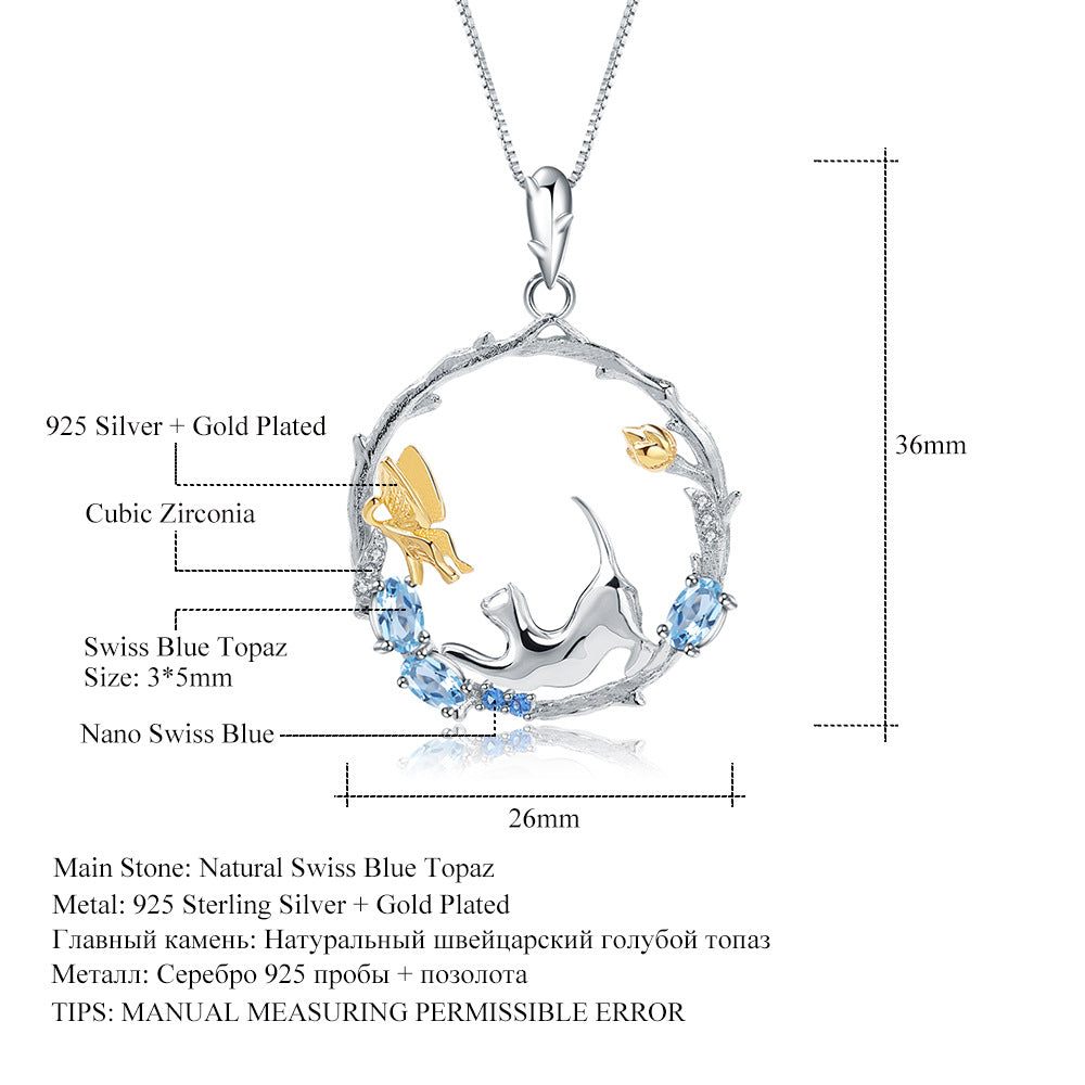 Designer Natural Gemstone Chinese Style Pendant Natural Wind Animal Design925Silver Topaz Necklace Pendant