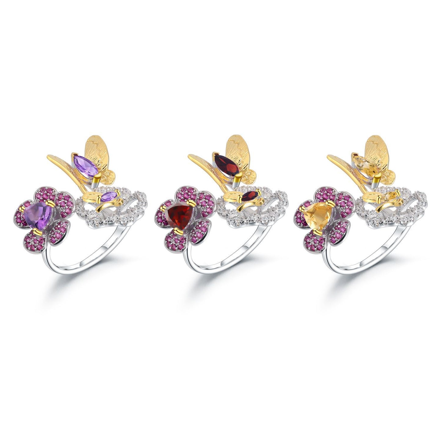 Designer Natural Amethyst Ring Natural Style Butterfly Flower Design925Silver Adjustable Open Ring