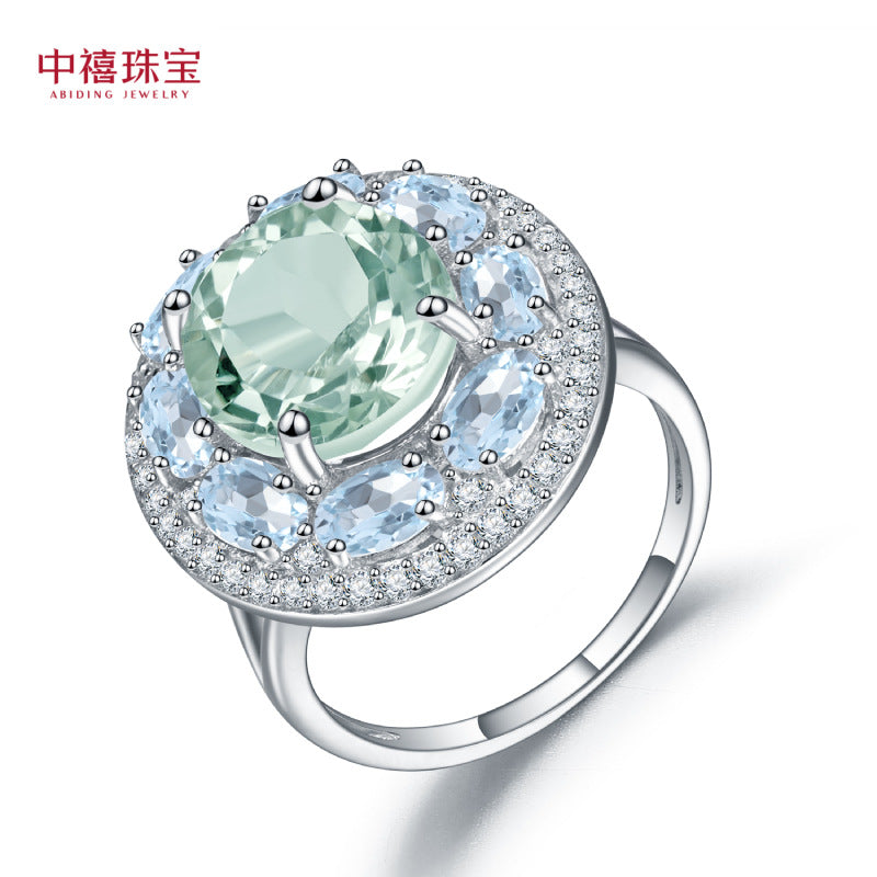 s925Silver Natural Topaz Green Amethyst Ring High-end Fashion Luxurious Inlaid Natural Gemstone Ring