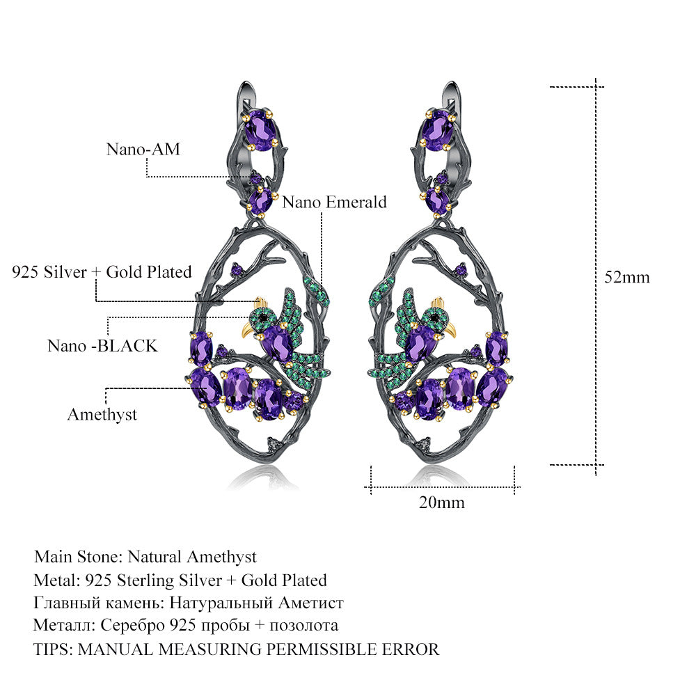 Secret Garden Designer Earrings Birds in the Bush Design Chinese Style925Silver Natural Gemstone Earrings