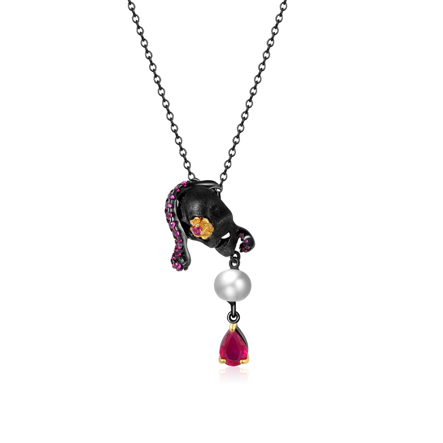 Freshwater Pearl Red Gemstone Necklace Clavicle Chain Trendy Original Necklace925Silver Dark Style Skull Pendant for Women