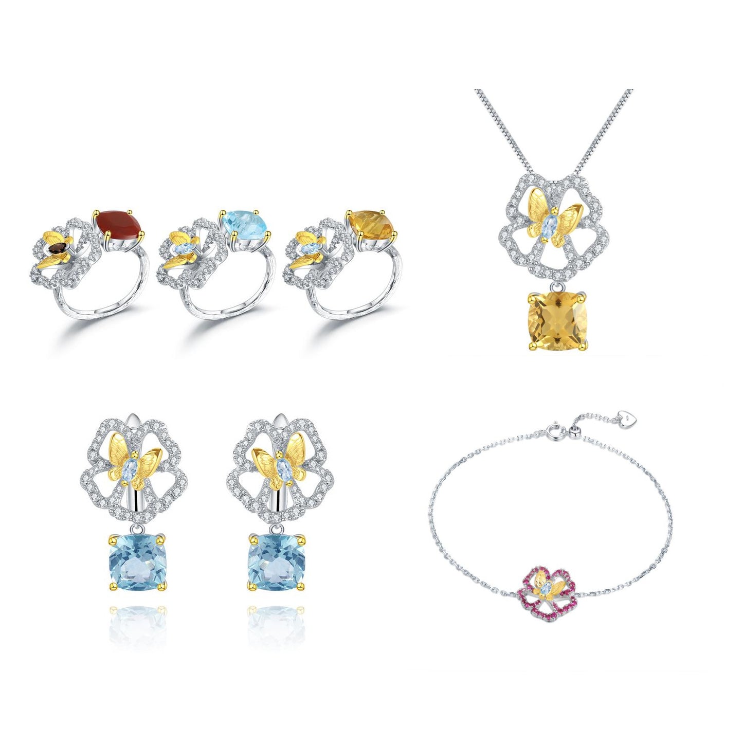 Designer Natural Yellow Crystal Pendant Natural Style Butterfly Flower Design s925Sterling Silver Gemstone Necklace Pendant