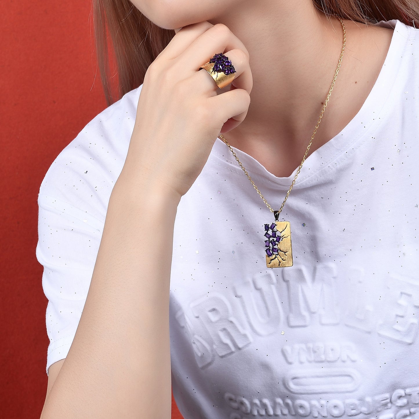 Italian Retro Designer Jewelry s925Silver Gold-Plated Natural Gemstone Amethyst Necklace Pendant