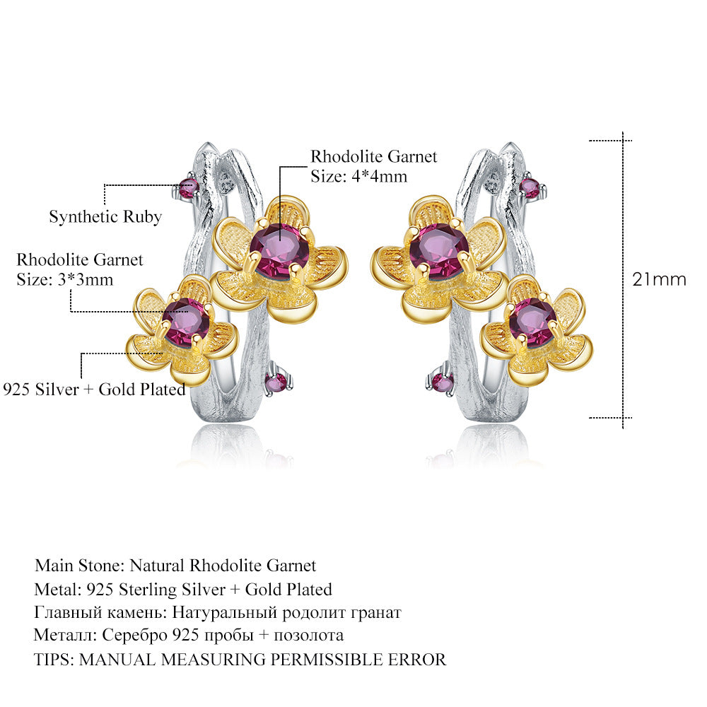 Italian Craft Designer Gemstone Earrings Natural Style Flowers925Silver Natural Rose Garnet Stud Earrings