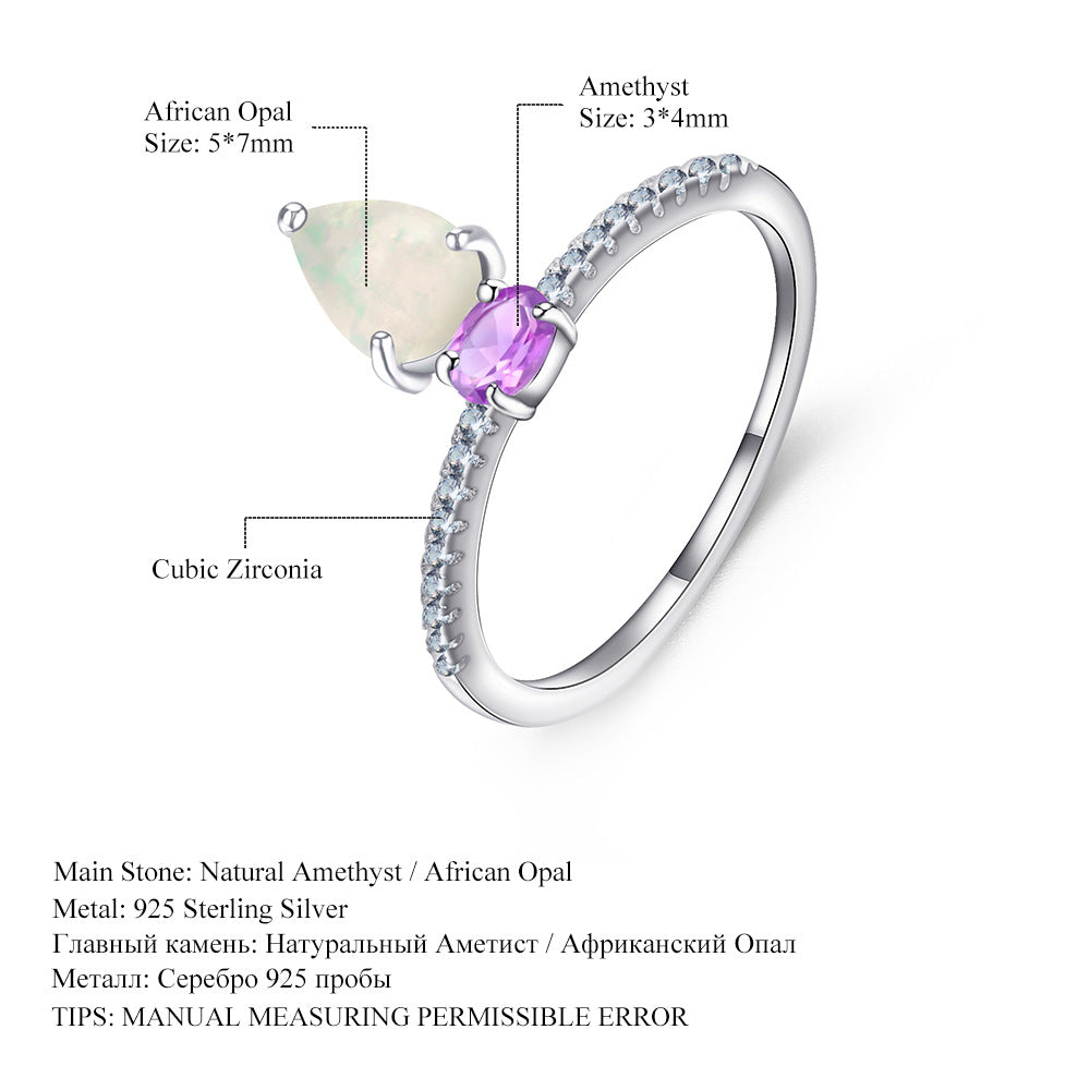 New Fashion Natural Gemstone Ring for Women Simple Temperament s925Sterling Silver Inlaid Opal Ring