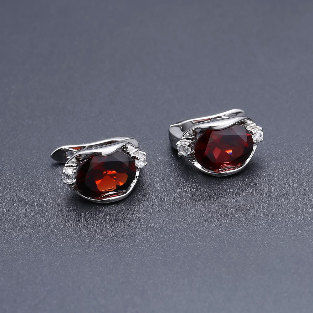 Natural Garnet Earrings Fashionable Light Luxury Simple s925Silver Inlaid Natural Gemstone Sapphire Earrings