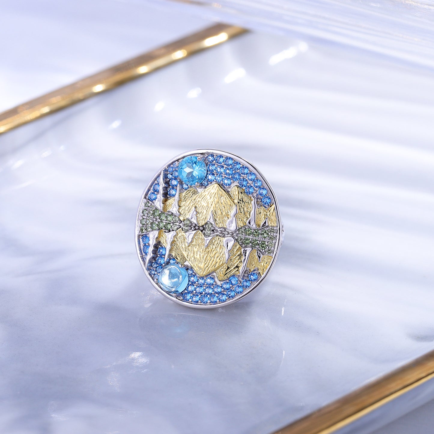 S925Sterling Silver High-End Jewelry for Men and Women, Love of Mountains and Rivers Ring, African Opal Topaz Adjustable Ring