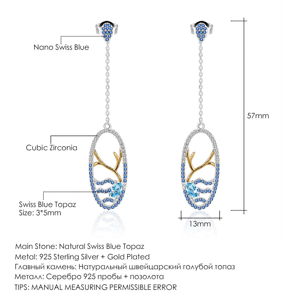 Designer High-End Long Earrings Classic of Mountains and Seas Series s925Sterling Silver Natural Topaz Sapphire Stud Earrings