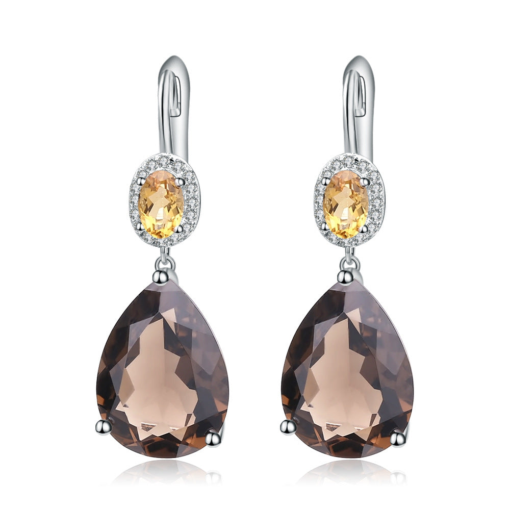 Jewelry Large Carat Natural Gemstone Pear-Shaped Earrings Luxurious s925Silver Inlaid Natural Tea Crystal Earrings