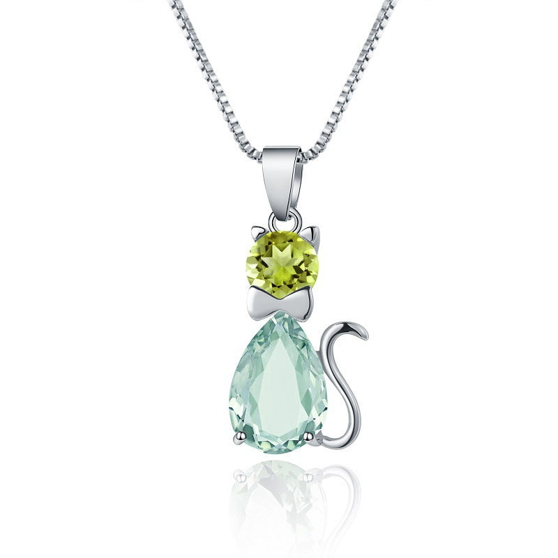 Luxurious and Unique Design Natural Gemstone Cat Pendant with a High-End Feel s925Silver Inlaid Green Amethyst Necklace Pendant