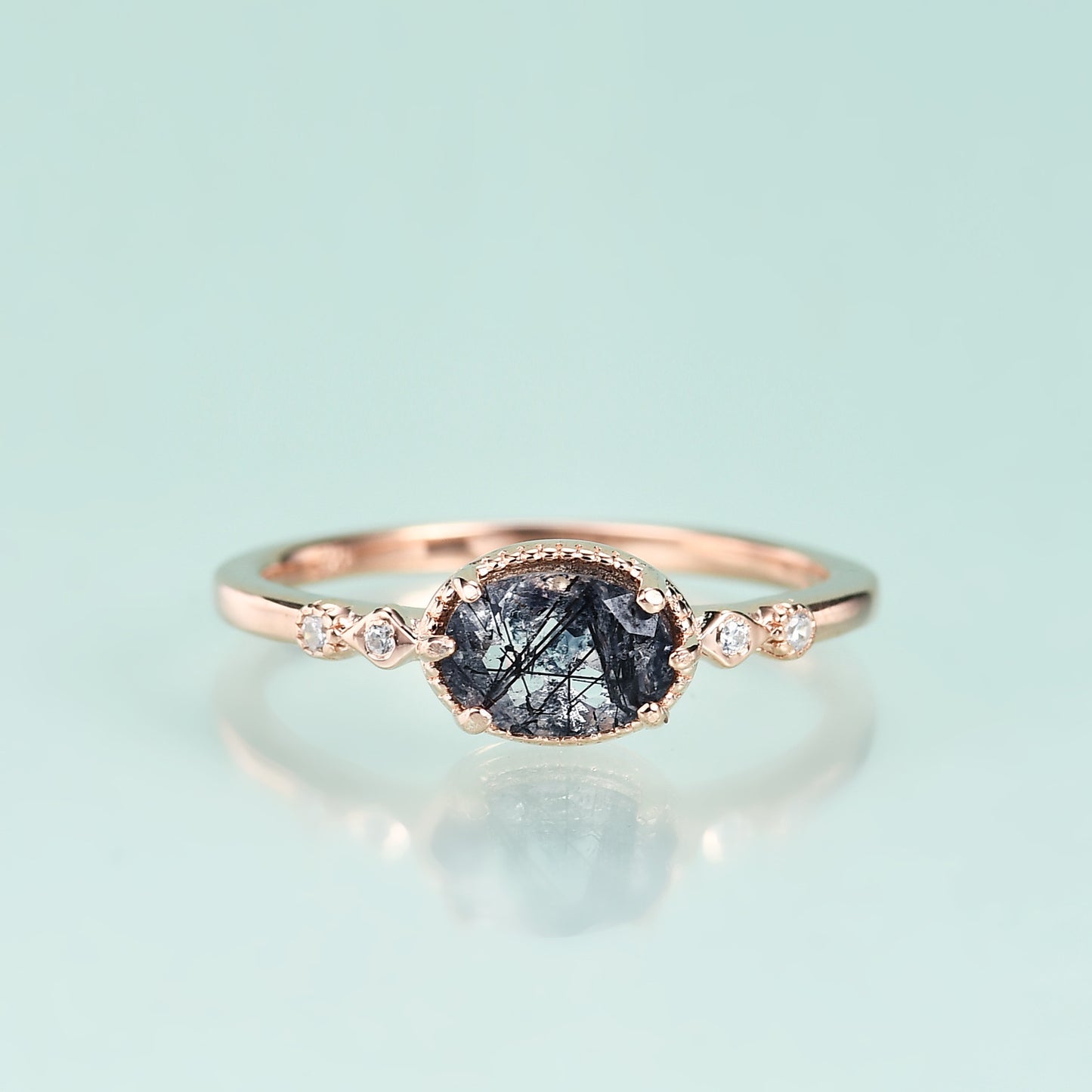 Jewelry S925Sterling Silver Inlaid Natural Black Hair Crystal Ring Fashionable and Elegant Light Luxury Rose Gold Ring