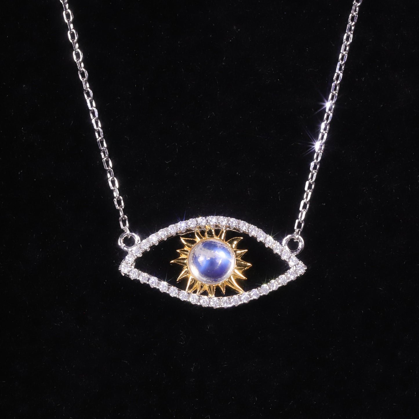 2023New High-End Demon Eye Natural Cream Blue Moonstone Ring Necklace Bracelet Set Three-Piece Set