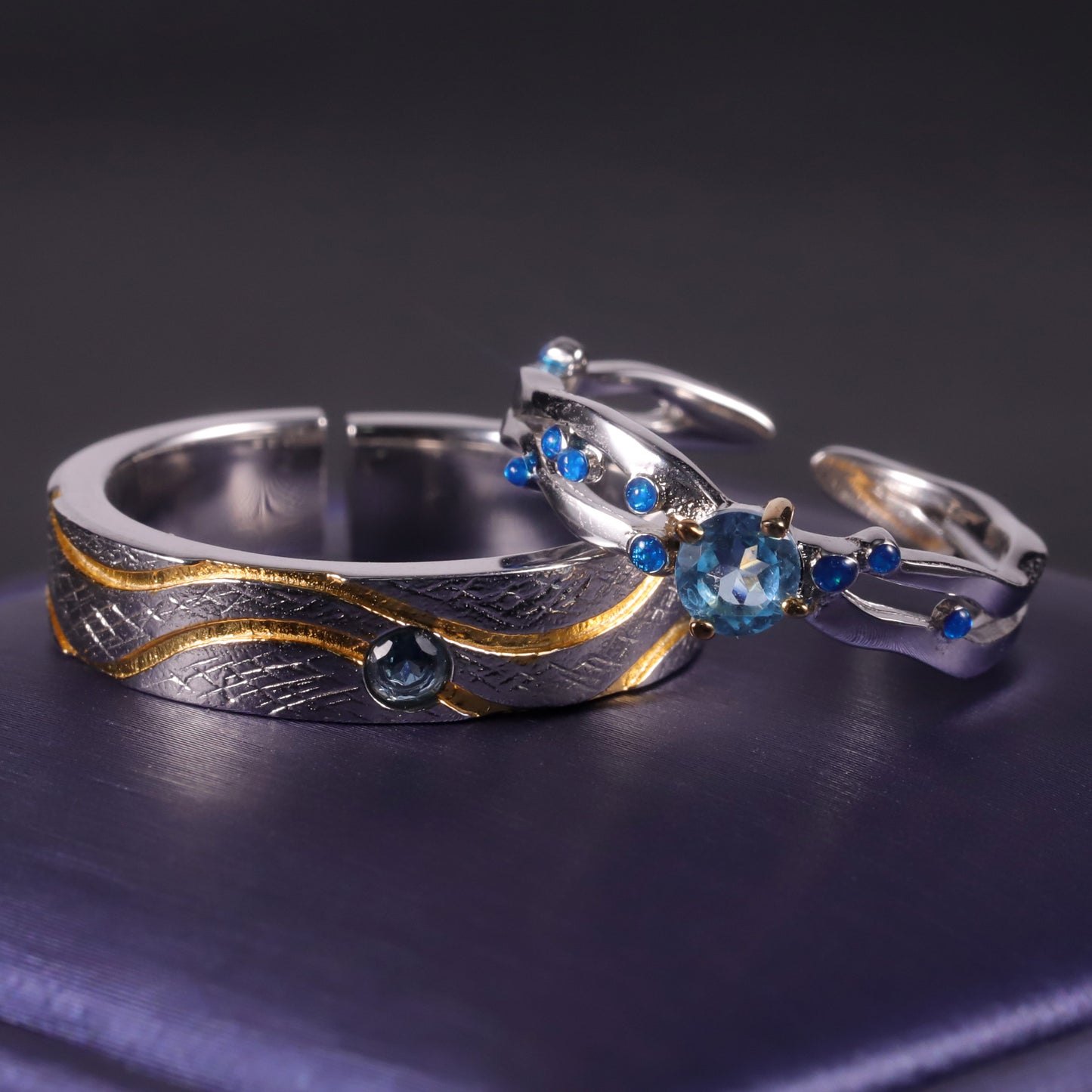 Designer Open Couple Rings Niche Wave Design s925Sterling Silver Inlaid Gemstone Enamel Ring
