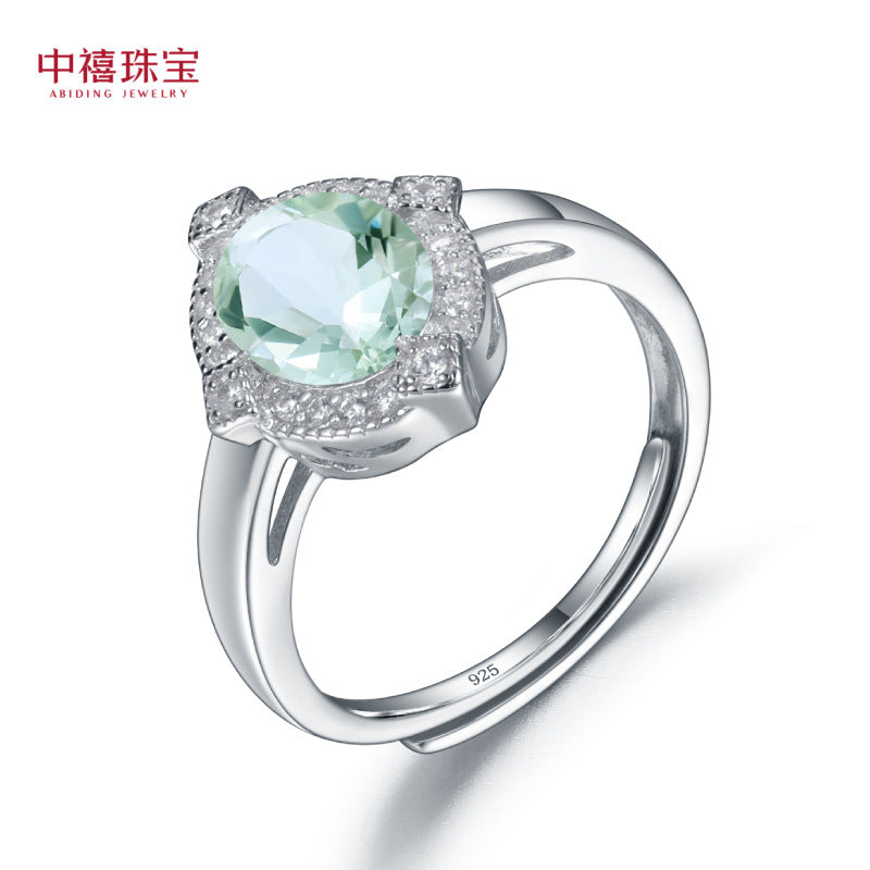 s925Silver Natural Green Amethyst Ring Adjustable Opening Fashionable Elegant Light Luxury Inlaid Natural Gemstone Ring