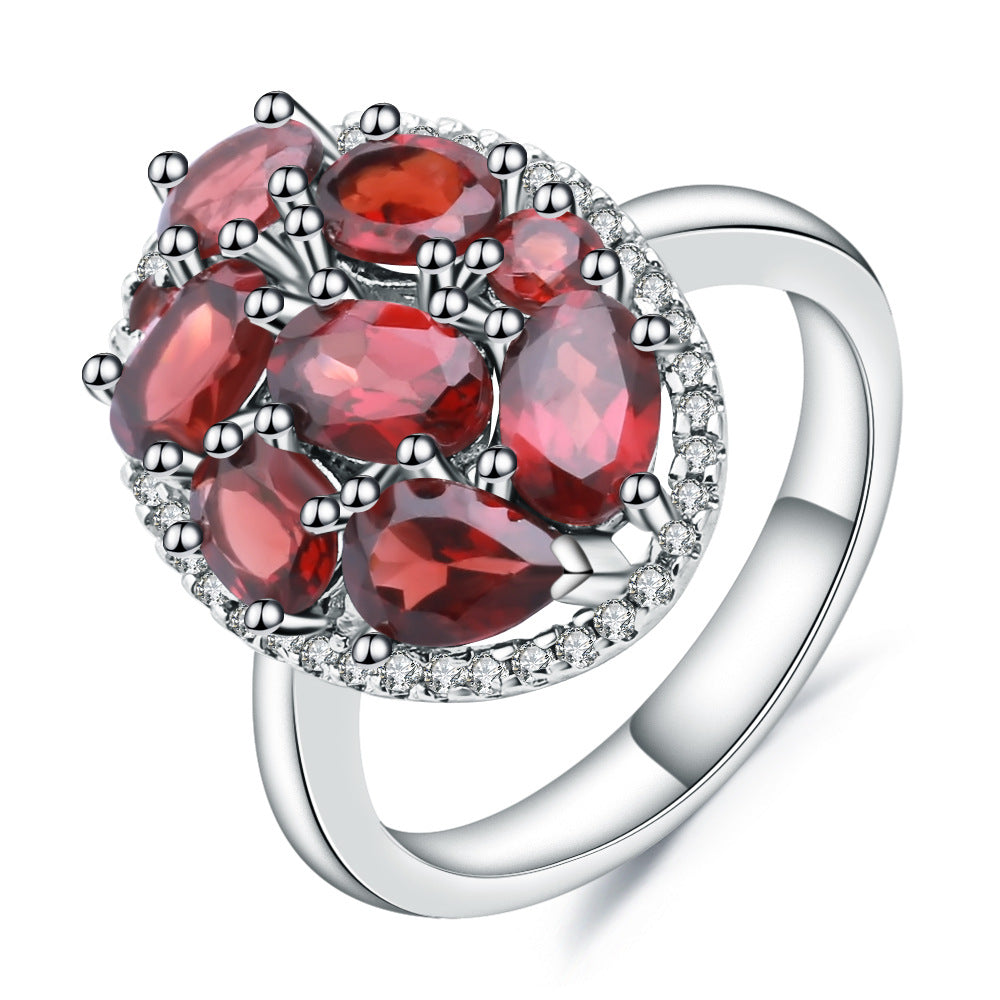 Cluster Inlaid Natural Garnet Ring for Women Fashionable, luxurious, and high-end feel s925Silver Inlaid Natural Gemstone Ring