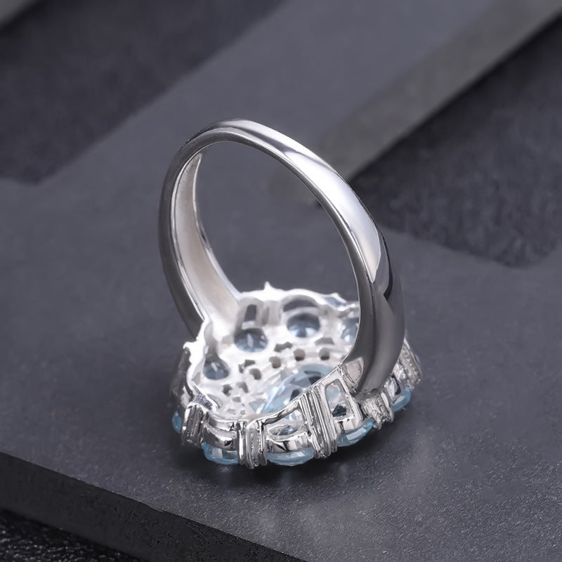 Luxurious Natural Topaz Ring with Floral Design s925Silver Inlaid Sky Blue Gemstone Ring
