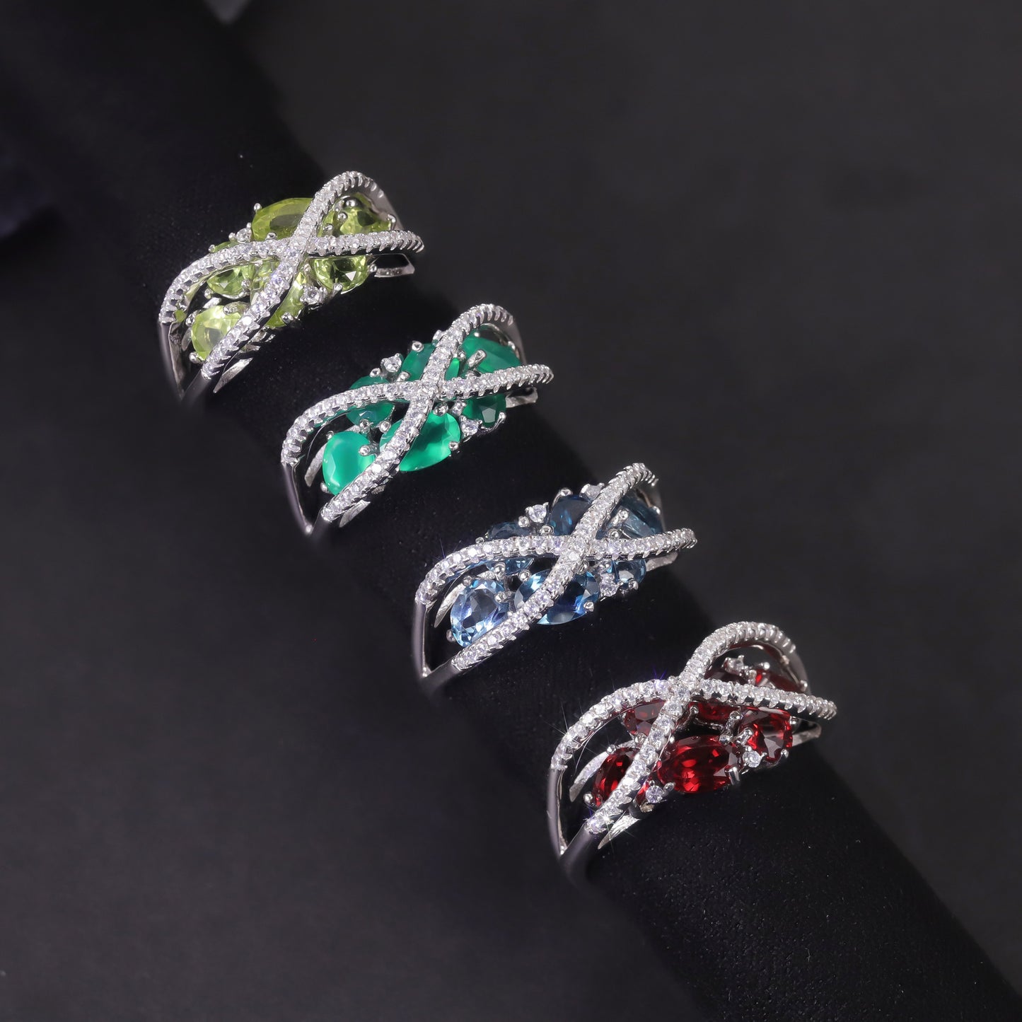 Natural Topaz Ring s925Silver Cluster Inlaid Green Chalcedony Garnet Peridot Gemstone Ring