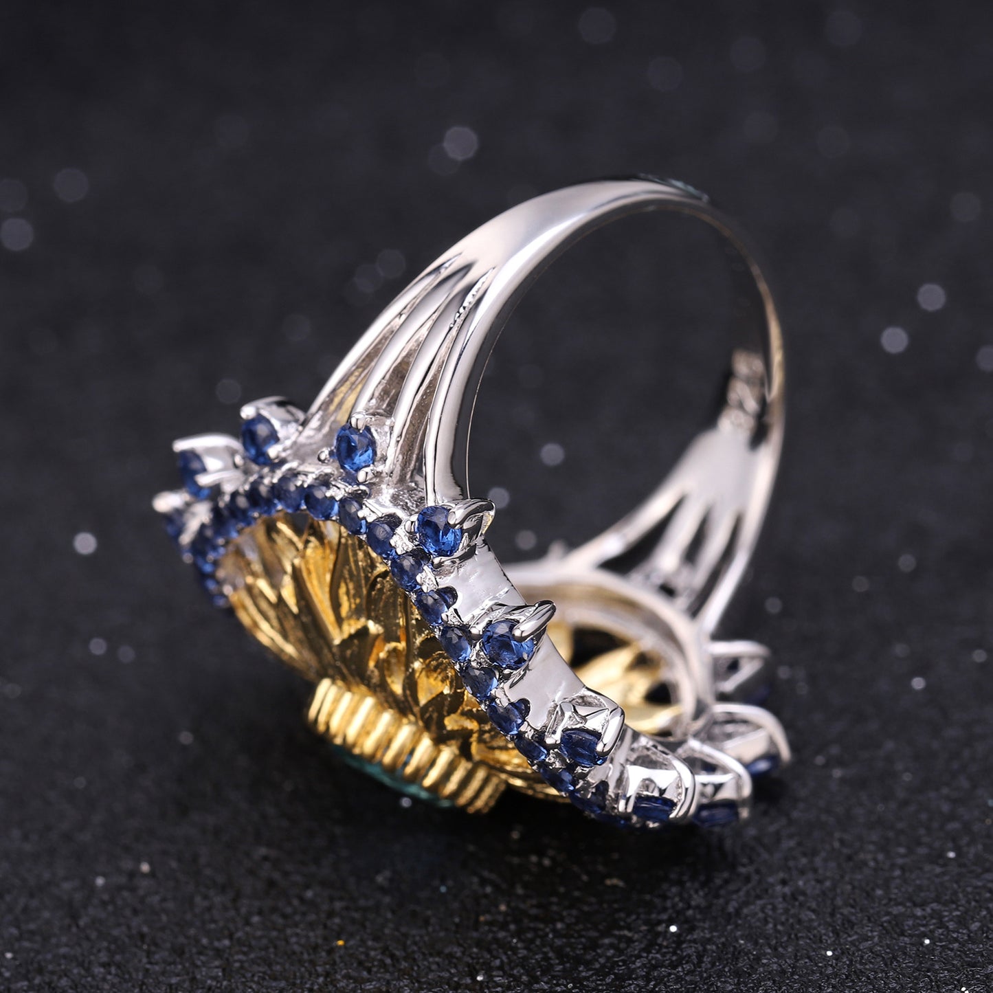 Original Designer Sunflower Ring Italian Craft Vintage Style925Sterling Silver Natural Topaz Ring
