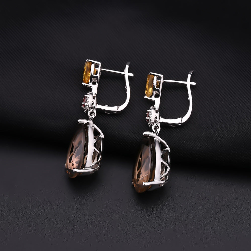 Luxury Jewelry Accessories Natural Gemstone Earrings Retro s925Silver Inlaid Natural Citrine Stud Earrings