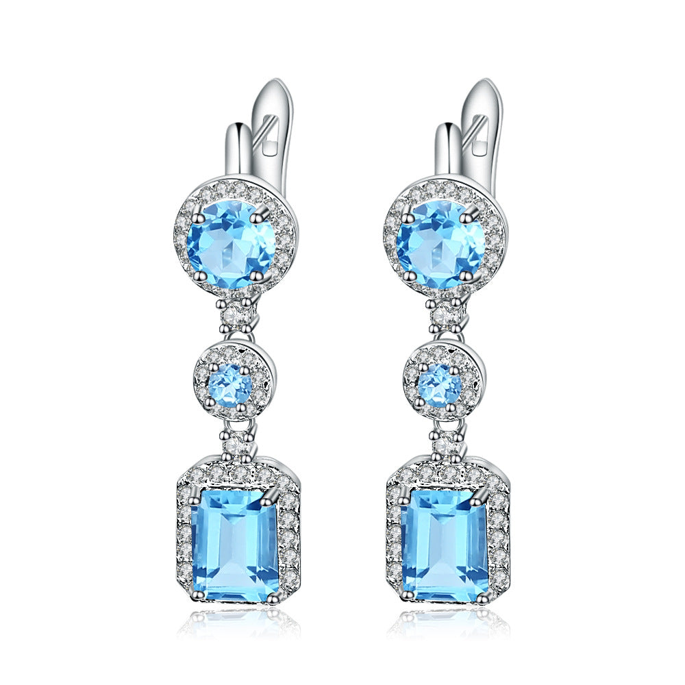 Luxurious Natural Topaz Stud Earrings Fashion High-End Sense s925Silver Inlaid Natural Gemstone Earrings