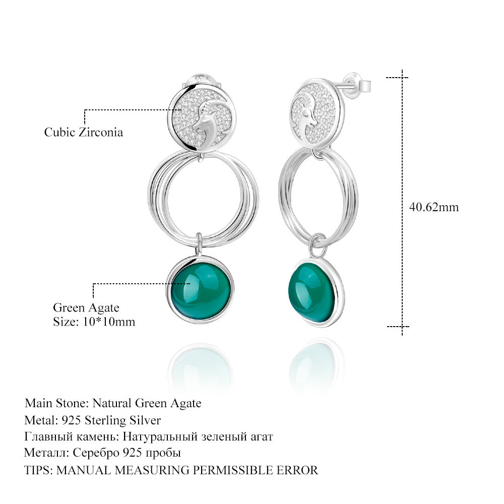 Designer High-End Capricorn Zodiac Earrings Geometric Minimalist Design925Silver Green Agate Stud Earrings