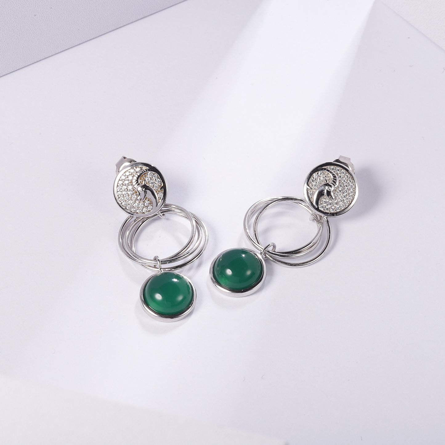 Designer High-End Capricorn Zodiac Earrings Geometric Minimalist Design925Silver Green Agate Stud Earrings