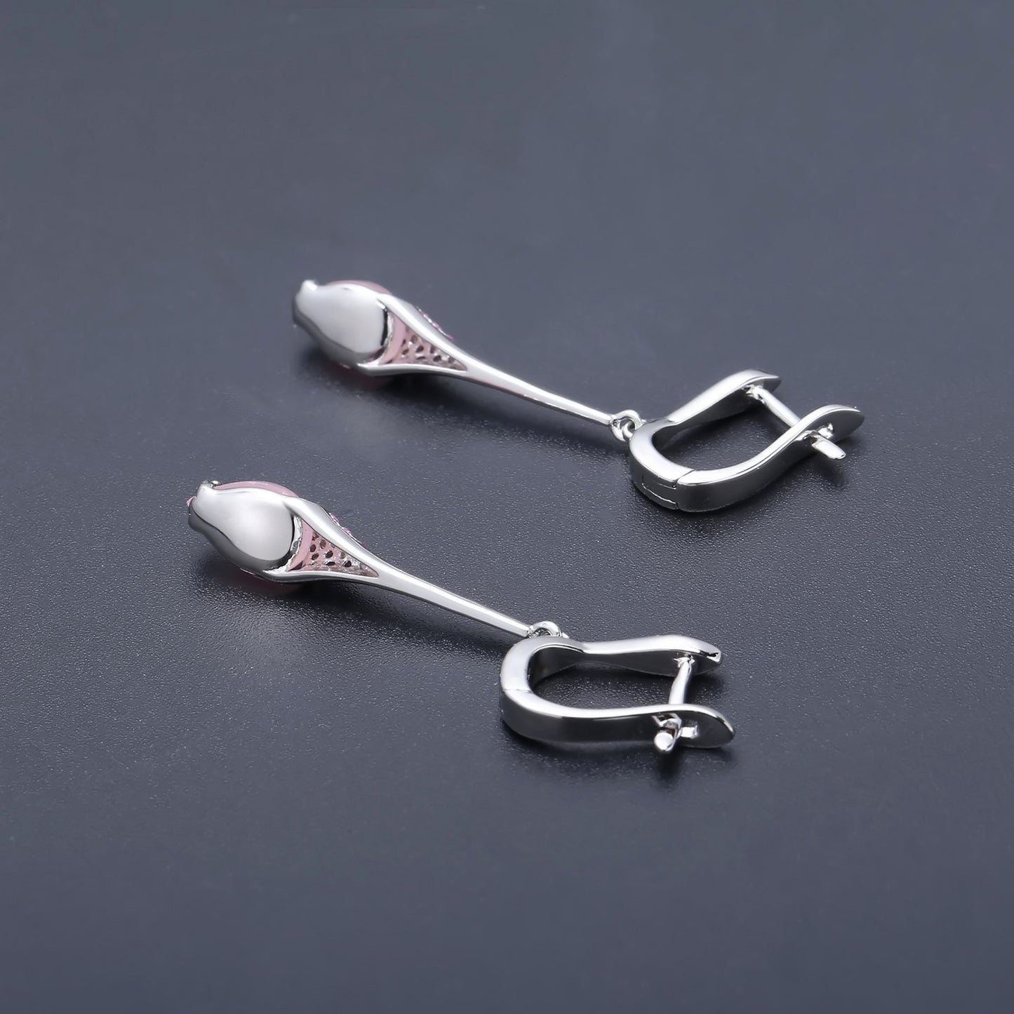 Italian Craft Jewelry Designer Long Earrings Advanced Sense925Silver Inlaid Pink Chalcedony Earrings