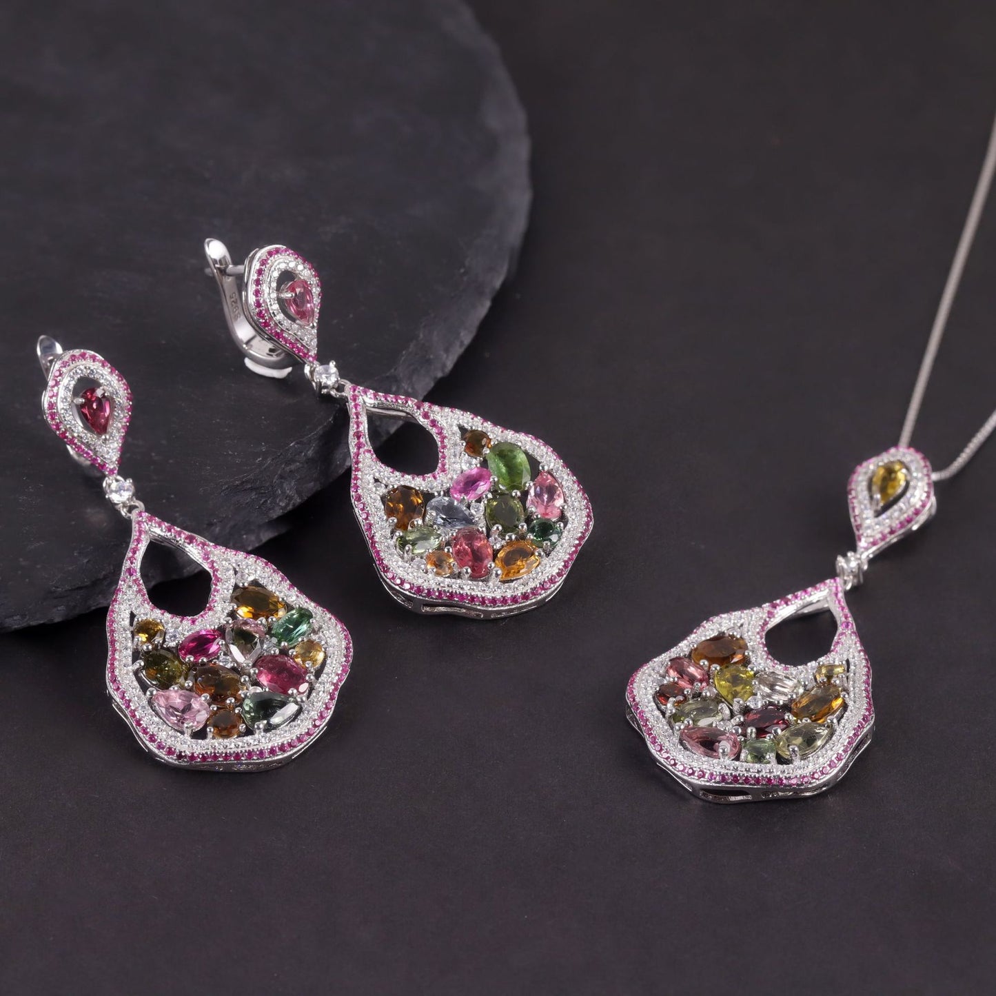 Natural Tourmaline Jewelry Set s925Sterling Silver Inlaid Gemstone Earrings Pendant Hot Sale New Product