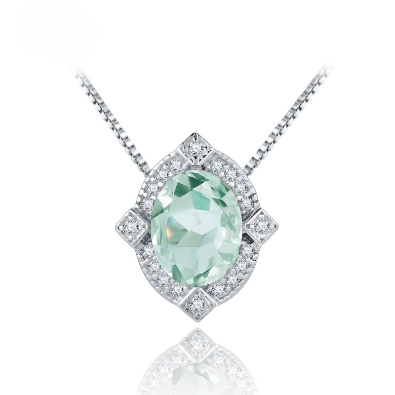 s925Silver Natural Gemstone Green Amethyst Necklace Pendant Fashionable Light Luxury High-end Inlaid Natural Gemstone Pendant
