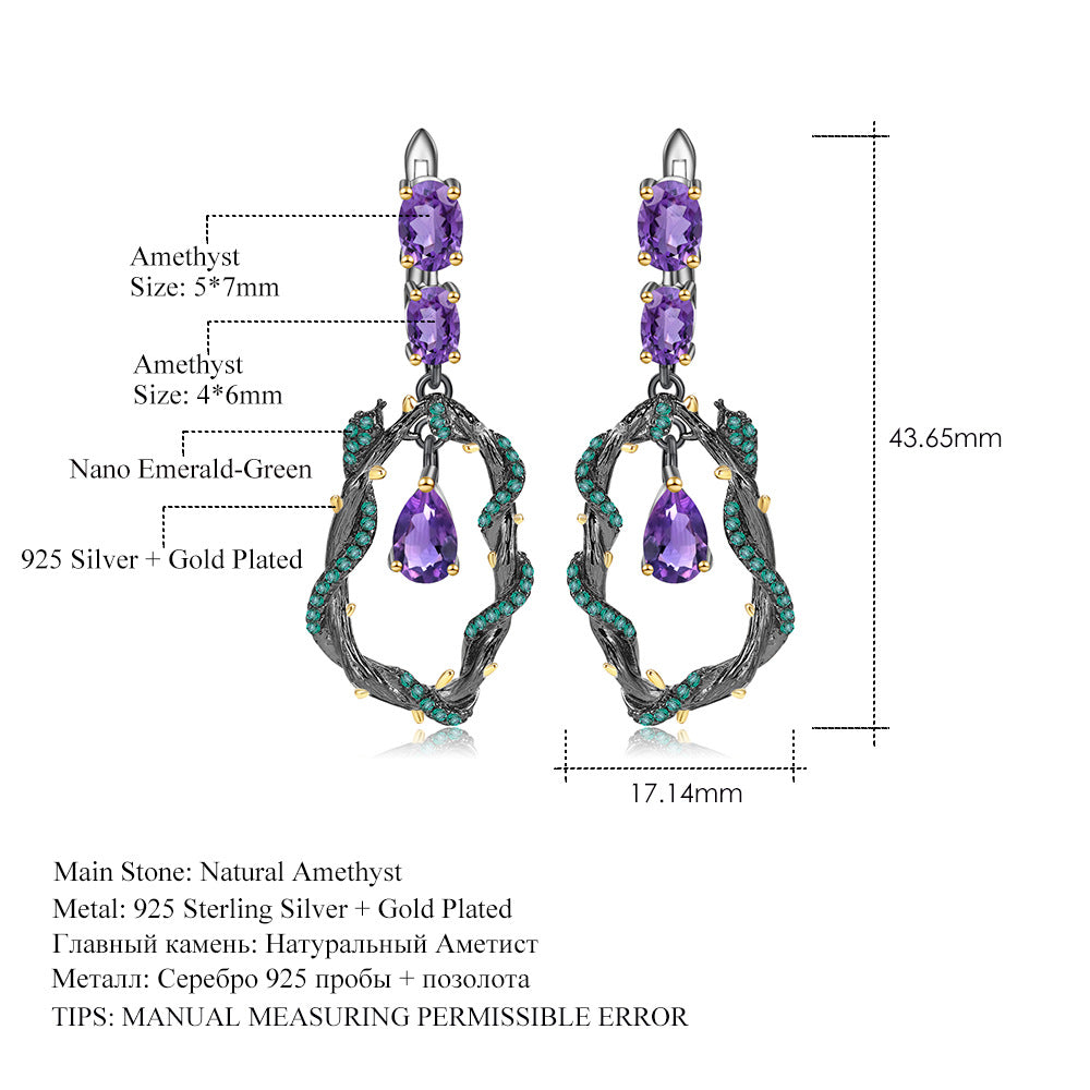 Italian Craft Designer Natural Amethyst Earrings Natural Vine Design925Silver Earrings and Ear Studs