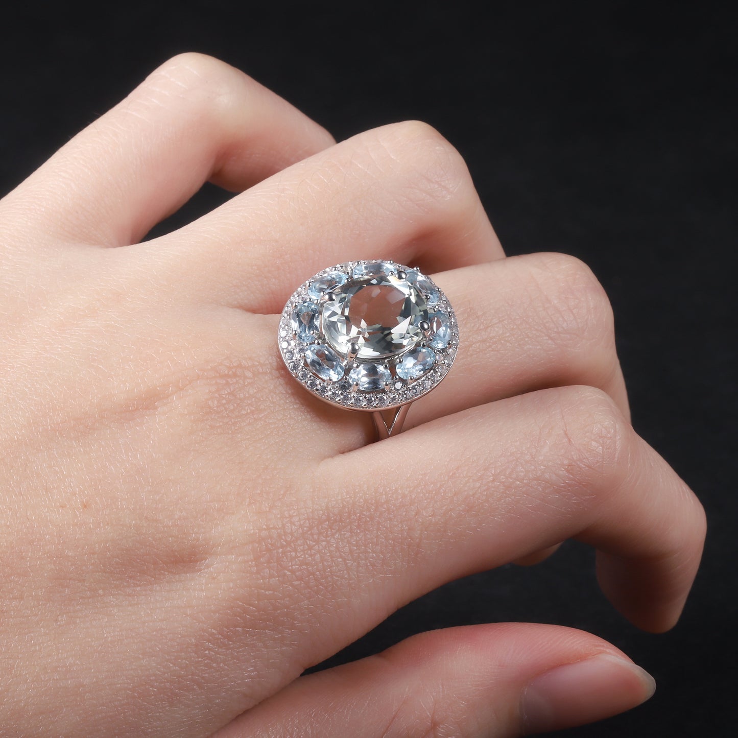 s925Silver Natural Topaz Green Amethyst Ring High-end Fashion Luxurious Inlaid Natural Gemstone Ring