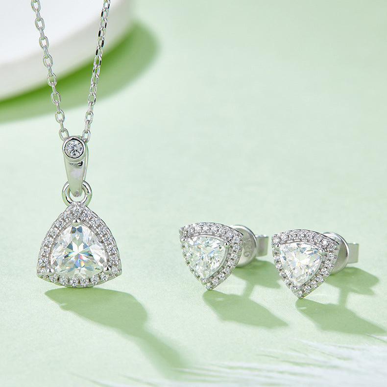 Commuting Style Earrings Necklace Fat Triangle s925Sterling Silver Inlaid1Carat Moissanite Jewelry Set