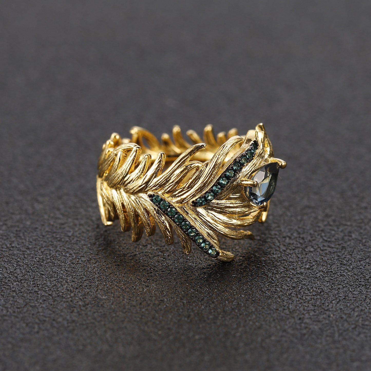 Designer Adjustable Open Ring with Bird Feather Design925Silver Natural Topaz Ring
