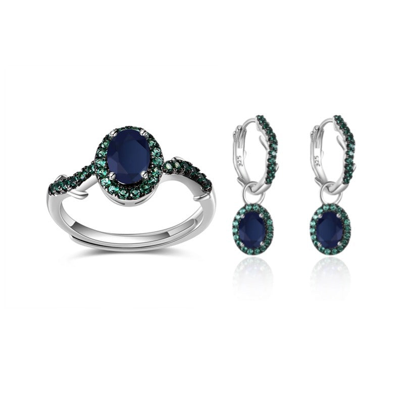 Design Sense Set Natural Crystal s925Sterling Silver Ring Earrings Sapphire Jewelry Set Niche