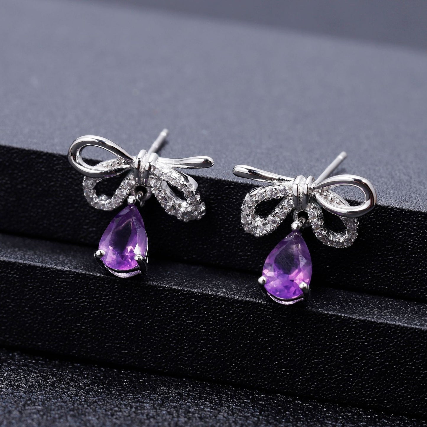 In-stock Sweet and Elegant Earrings Korean style bow tie s925Sterling Silver Inlaid Natural Gemstone Crystal Earrings Jewelry