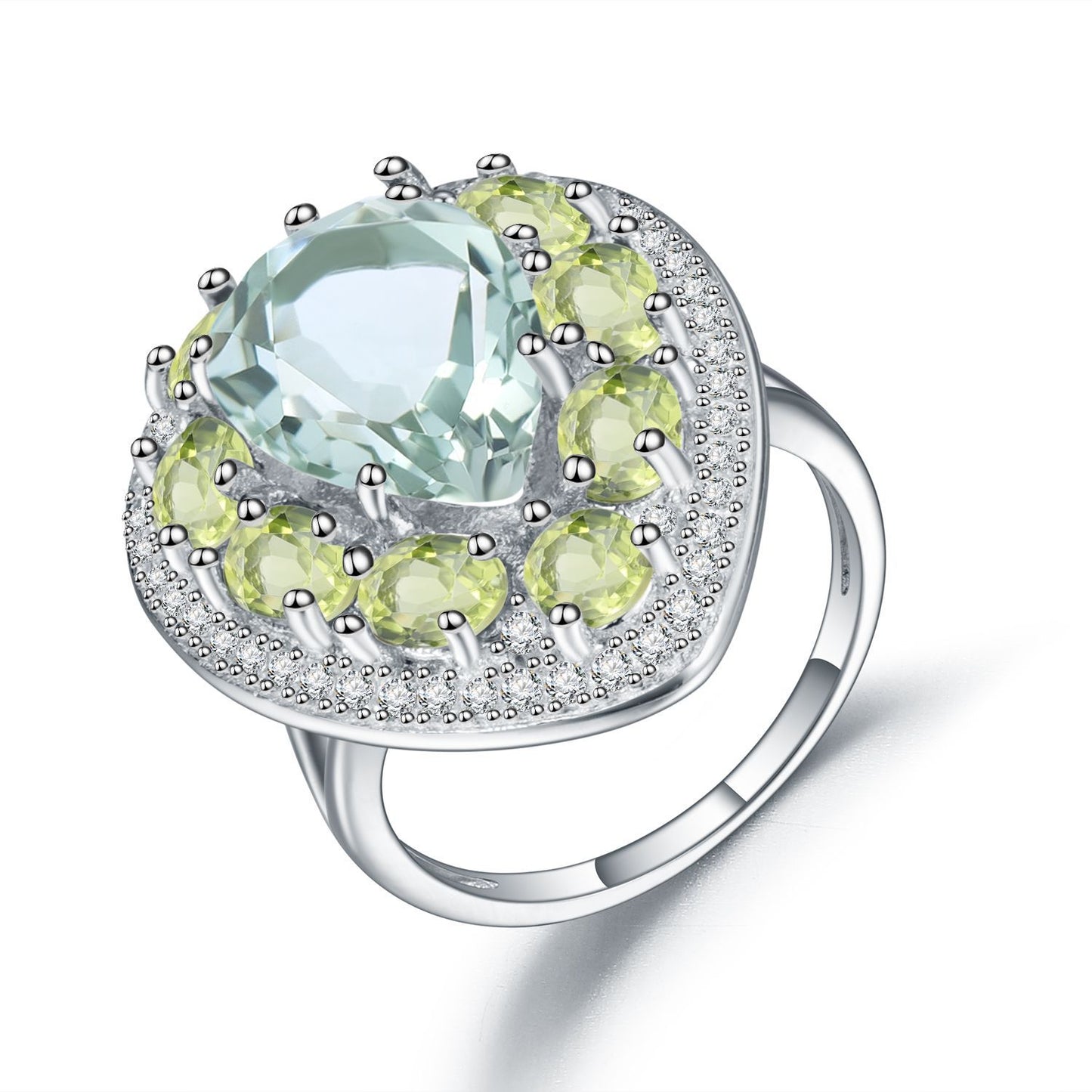 s925Silver Natural Peridot Green Amethyst Ring High-end Fashion Luxurious Inlaid Natural Gemstone Ring