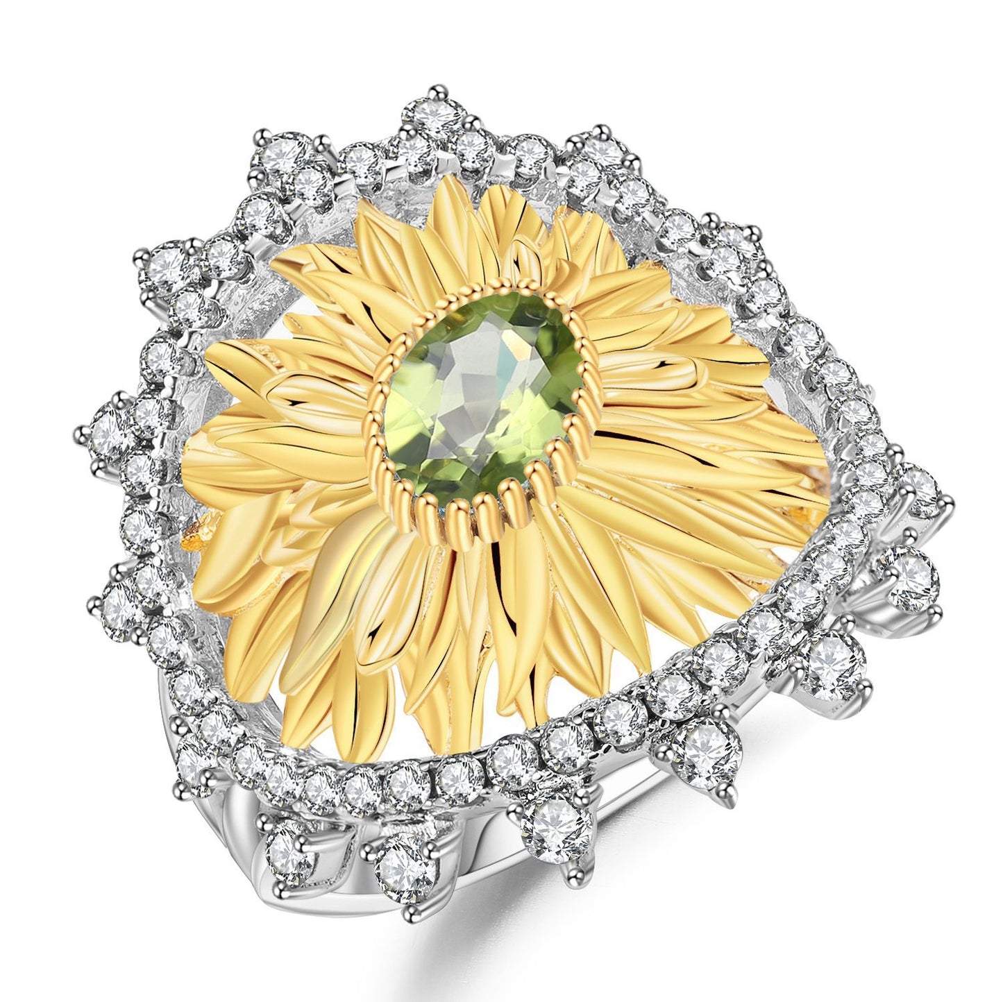 Original Designer Sunflower Ring Italian Craft Vintage Style925Sterling Silver Natural Topaz Ring
