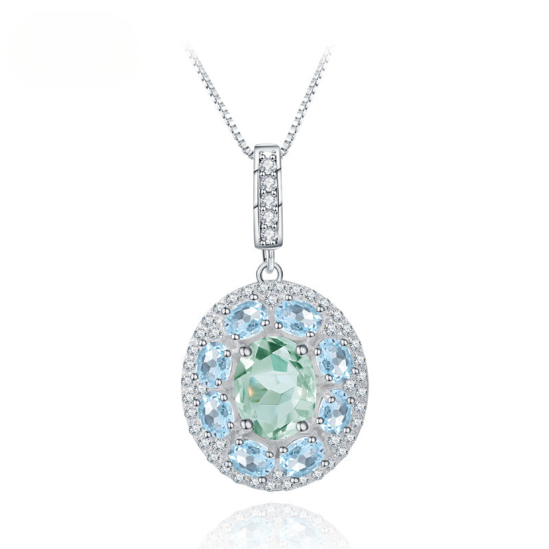 Luxurious High-End Natural Gemstone Necklace Pendant s925Sterling Silver Inlaid Natural Topaz Green Amethyst Pendant